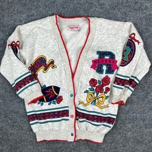 Celebration Cardigan Womens Size M Cream Vintage Recess Graphic Button Up